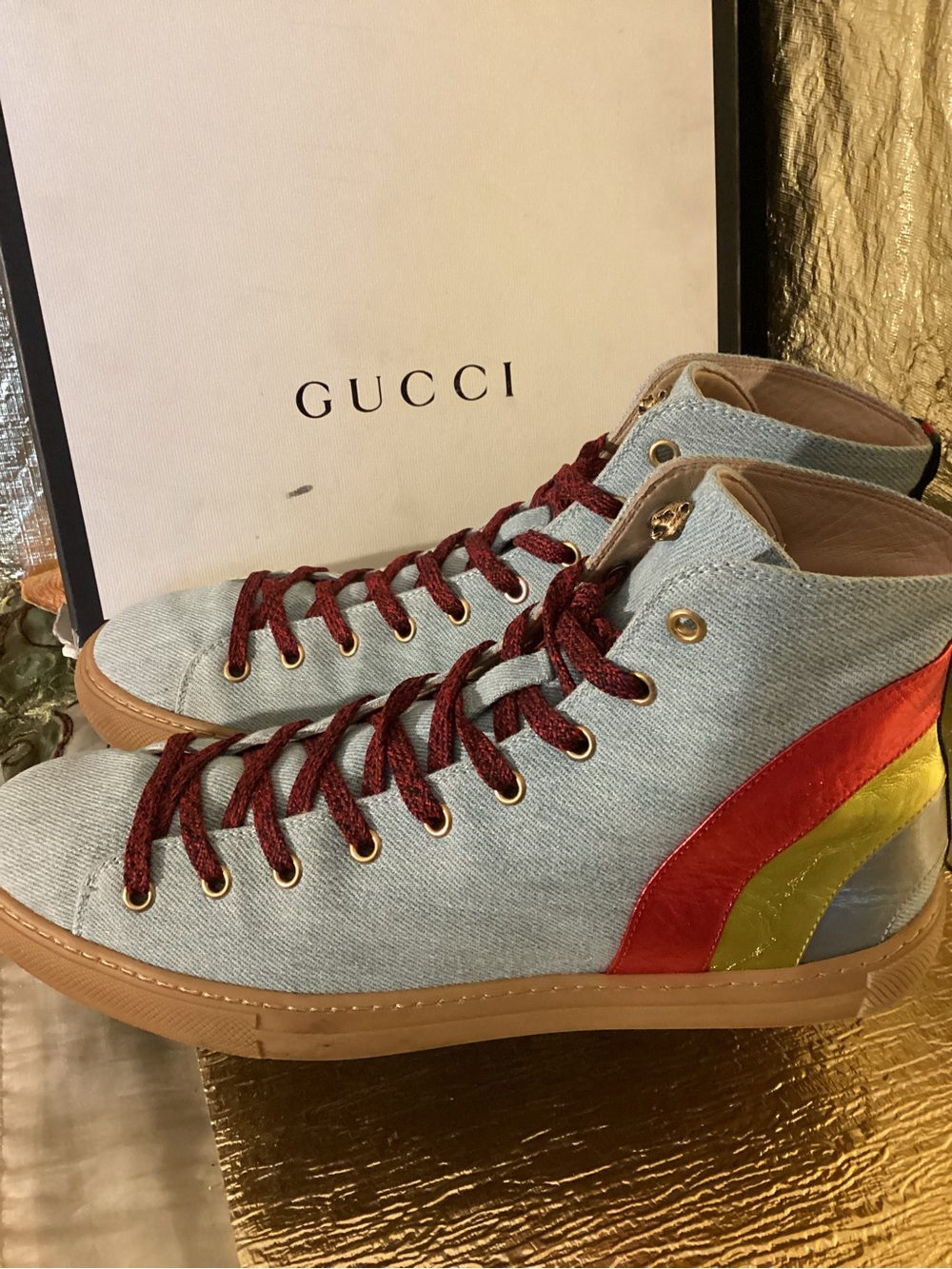 Gucci Light Blue Denim High-Top Sneakers with Red, Gold, Silver Accents